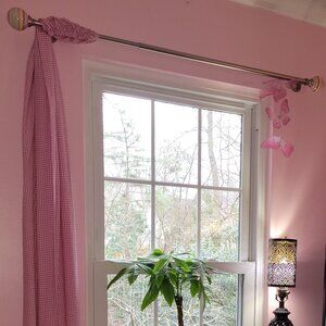 Pink Gingham Checked Curtains (2 panels) and 2 Striped Curtain Rod Ends